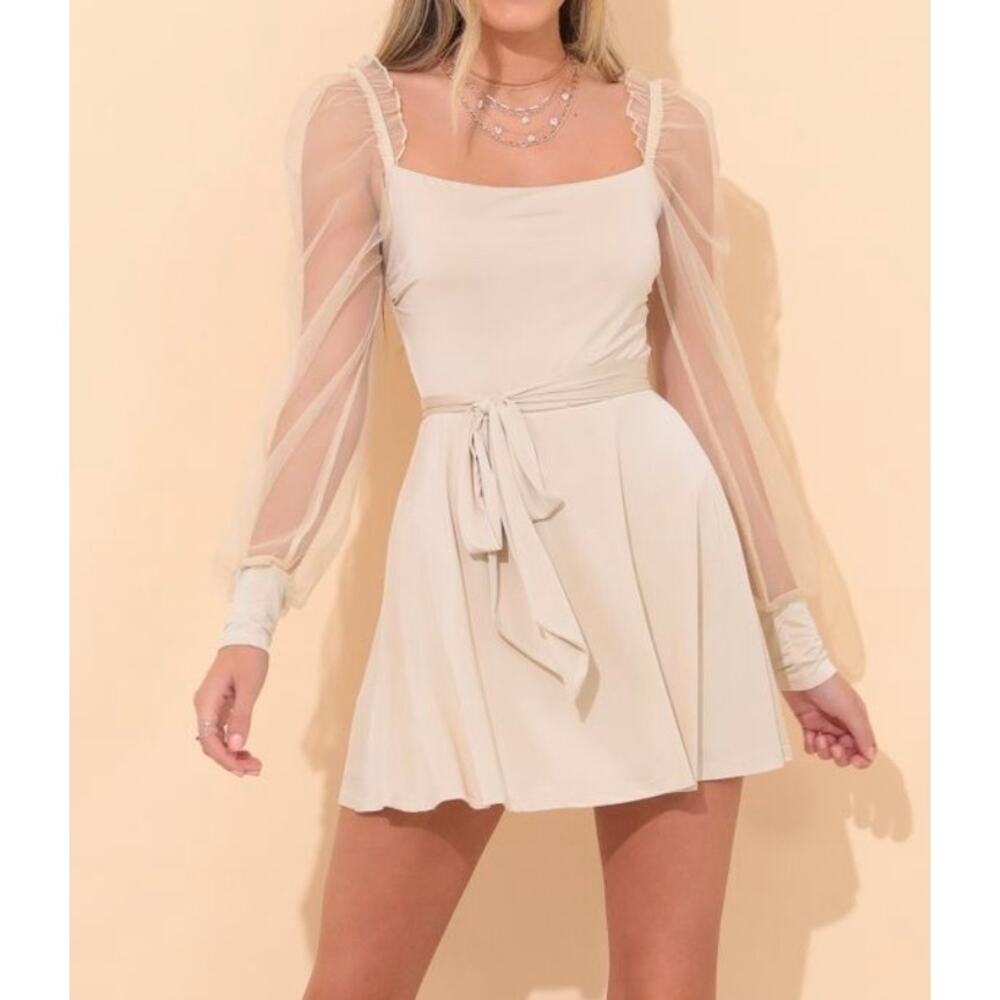 Lucy In The Sky Beige Mini Dress with Tie belt and sheer sleeves size Small
